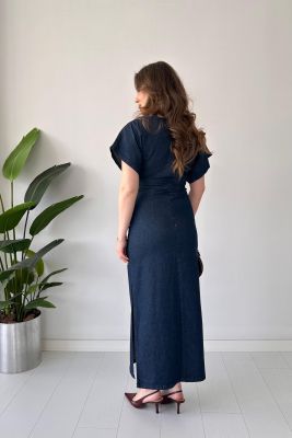 Orta Drapeli Denim Elbise Lacivert - Thumbnail