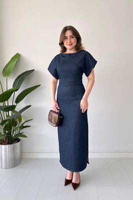 Orta Drapeli Denim Elbise Lacivert - Thumbnail