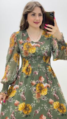 Ortancalı Şifon Elbise Haki - Thumbnail