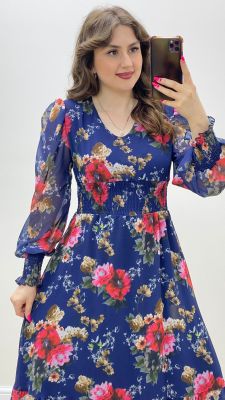 Ortancalı Şifon Elbise Lacivert - Thumbnail