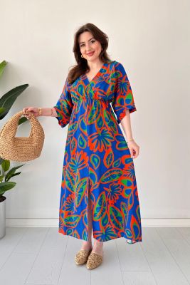 Palmiye Yarasa Elbise Mavi - Thumbnail