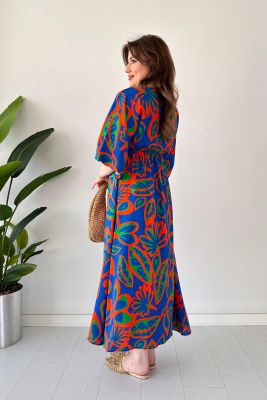 Palmiye Yarasa Elbise Mavi - Thumbnail