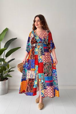 Patchwork Yarasa Elbise Rengarenk - Thumbnail