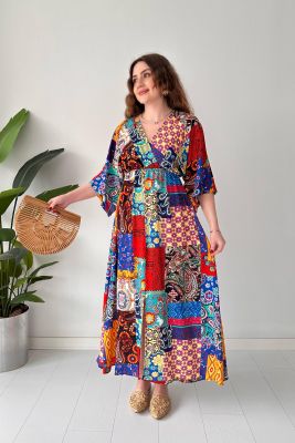 Patchwork Yarasa Elbise Rengarenk - Thumbnail