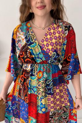 Patchwork Yarasa Elbise Rengarenk - Thumbnail