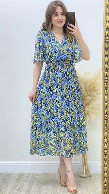 MaziButik - Pelerin Kol Çiçekli Şifon Elbise Mavi
