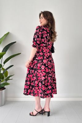 Pembe Çiçekli Bürümcük Elbise Siyah - Thumbnail