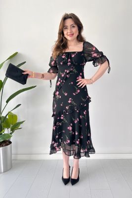 Pembe Çiçekli Elbise Siyah - Thumbnail