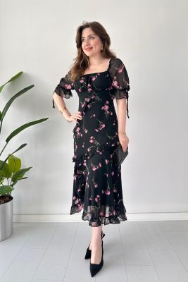 Pembe Çiçekli Elbise Siyah - Thumbnail