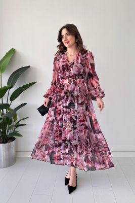 Piliseli Floral Şifon Elbise Renkli - Thumbnail