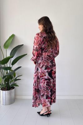 Piliseli Floral Şifon Elbise Renkli - Thumbnail