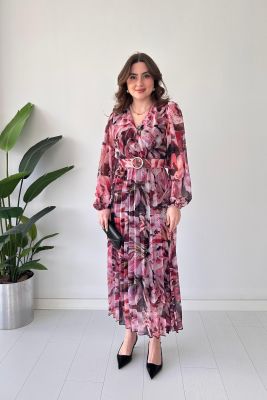 Piliseli Floral Şifon Elbise Renkli - Thumbnail