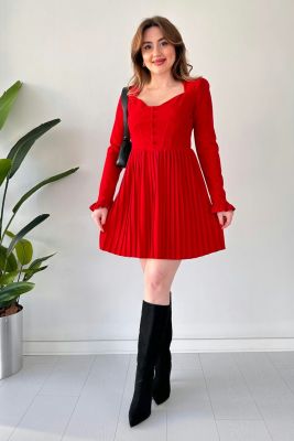 Piliseli Krep Elbise Kırmızı - Thumbnail