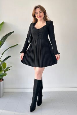 Piliseli Krep Elbise Siyah - Thumbnail