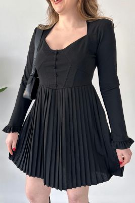Piliseli Krep Elbise Siyah - Thumbnail