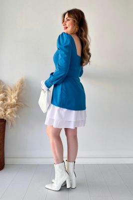 Poplin Detay Krep Elbise Mavi - Thumbnail