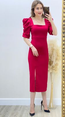 Prenses Kol Krep Elbise Kırmızı - Thumbnail