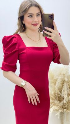 Prenses Kol Krep Elbise Kırmızı - Thumbnail