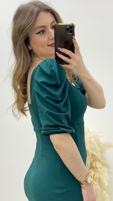 Prenses Kol Krep Elbise Zümrüt Yeşil - Thumbnail