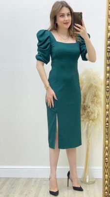Prenses Kol Krep Elbise Zümrüt Yeşil - Thumbnail