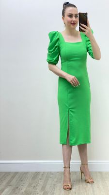 Prenses Kol Krep Elbise Yeşil - Thumbnail