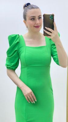 Prenses Kol Krep Elbise Yeşil - Thumbnail