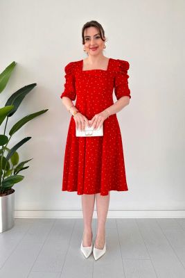 Prenses Kol Puantiye Elbise Kırmızı - Thumbnail