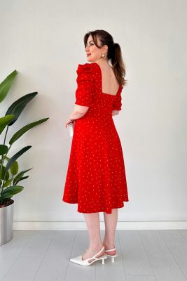 Prenses Kol Puantiye Elbise Kırmızı - Thumbnail
