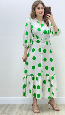 Puantiyeli Keten Elbise Yeşil - Thumbnail