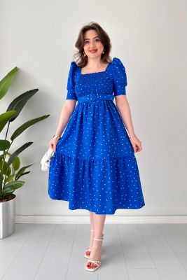 Puantiyeli Poplin Elbise Mavi - Thumbnail