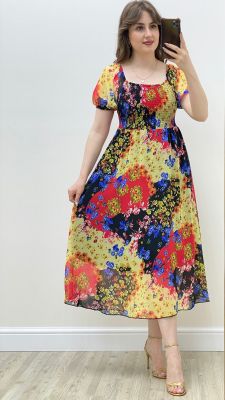 Renkli Çiçek Gipeli Şifon Elbise Siyah - Thumbnail
