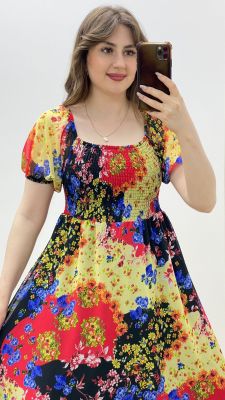 Renkli Çiçek Gipeli Şifon Elbise Siyah - Thumbnail