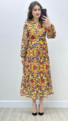 Renkli Desenli Şifon Elbise Sarı - Thumbnail