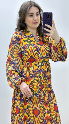 Renkli Desenli Şifon Elbise Sarı - Thumbnail