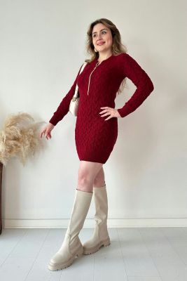 Saç Örgü Fermuar Detaylı Triko Elbise Bordo - Thumbnail