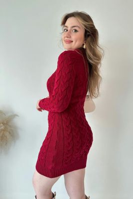 Saç Örgü Fermuar Detaylı Triko Elbise Bordo - Thumbnail
