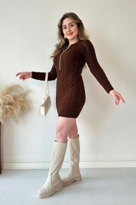 Saç Örgü Fermuar Detaylı Triko Elbise Kahverengi - Thumbnail