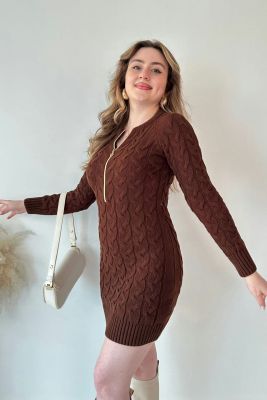 Saç Örgü Fermuar Detaylı Triko Elbise Kahverengi - Thumbnail