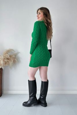 Saç Örgü Fermuar Detaylı Triko Elbise Yeşil - Thumbnail