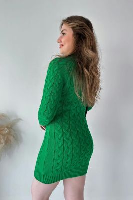 Saç Örgü Fermuar Detaylı Triko Elbise Yeşil - Thumbnail