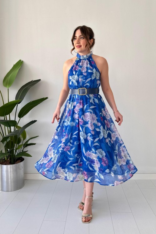 Robe dos nu en mousseline de soie pivoine bleue