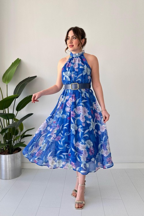Robe dos nu en mousseline de soie pivoine bleue