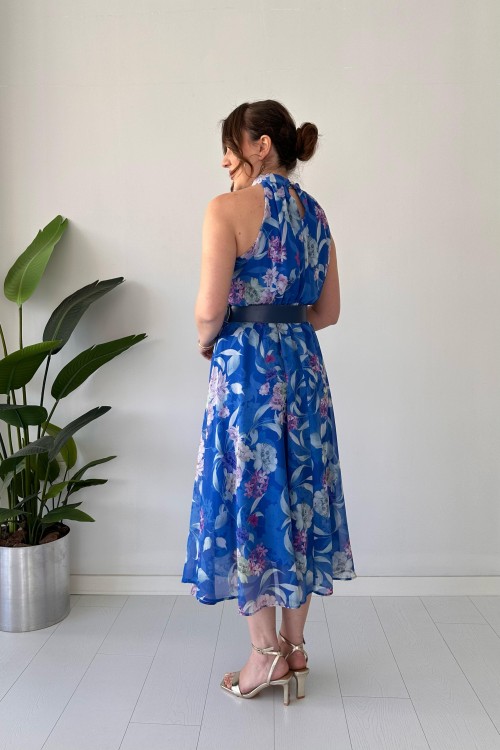 Robe dos nu en mousseline de soie pivoine bleue