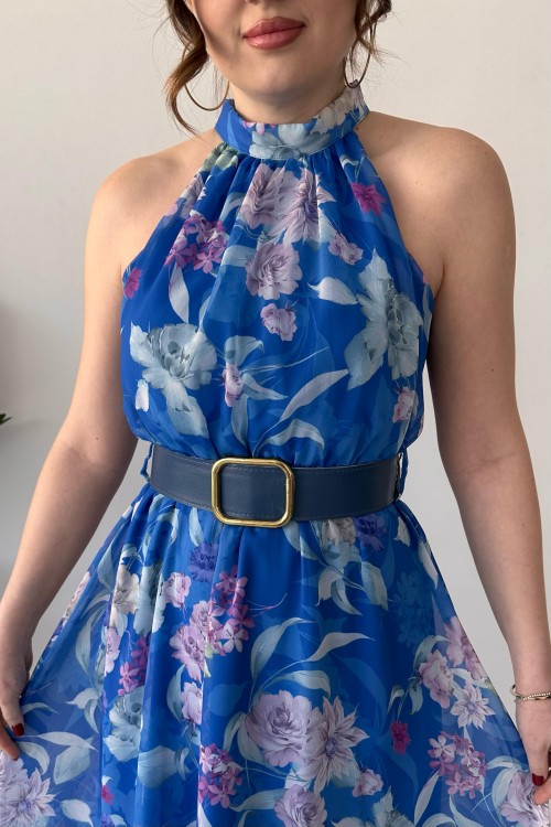 Robe dos nu en mousseline de soie pivoine bleue