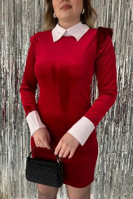Serenay Kadife Elbise Kırmızı - Thumbnail