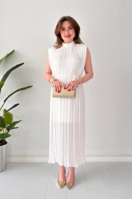 Sık Piliseli Şifon Elbise Beyaz - Thumbnail