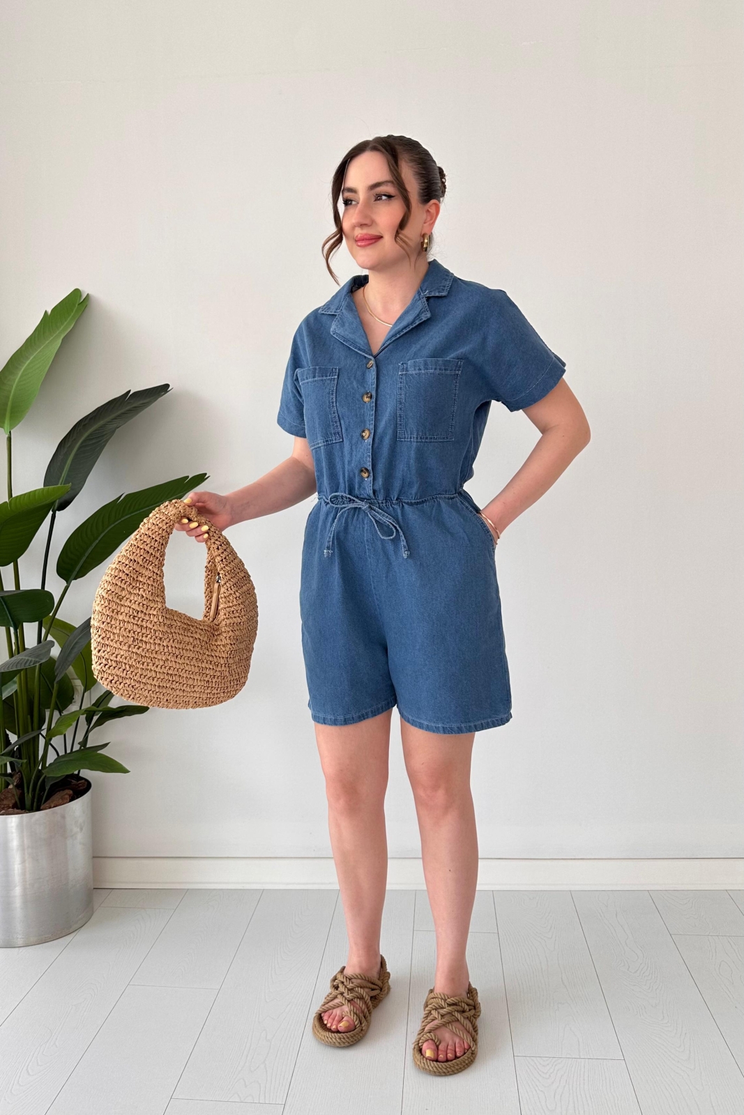 Şortlu Denim Tulum Mavi - Thumbnail