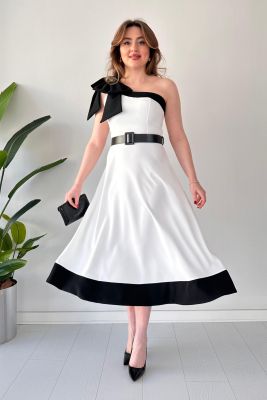 Tek Omuz Fiyonk Elbise Beyaz - Thumbnail