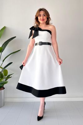 Tek Omuz Fiyonk Elbise Beyaz - Thumbnail