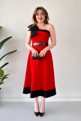 Tek Omuz Fiyonk Elbise Kırmızı - Thumbnail